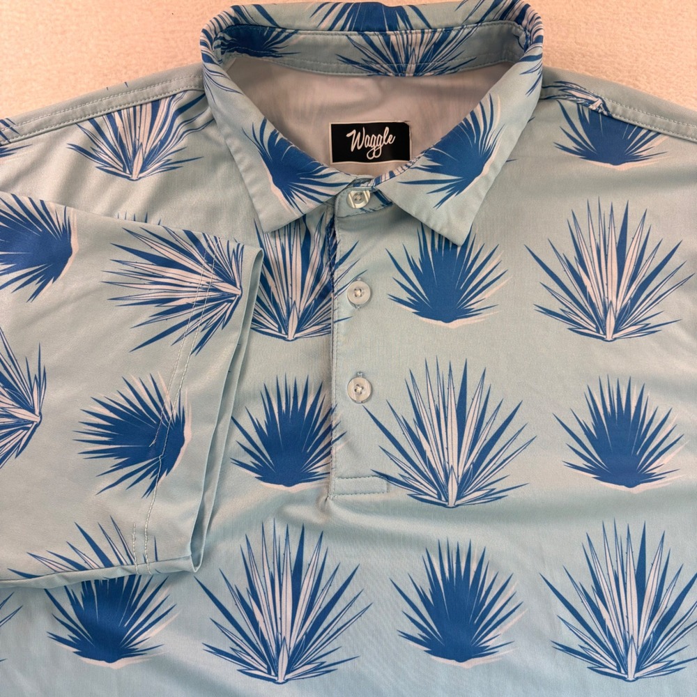 Waggle Golf Men Blue Agave Print Performance Polo Shirt Size L Large